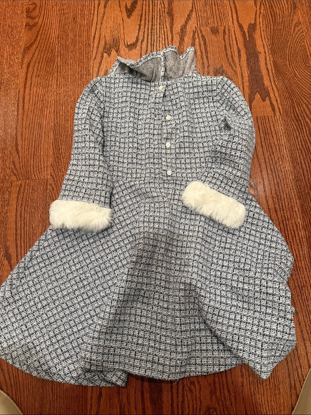 Janie and Jack Blue and White Tweed Dress with Faux Fur Cuffs